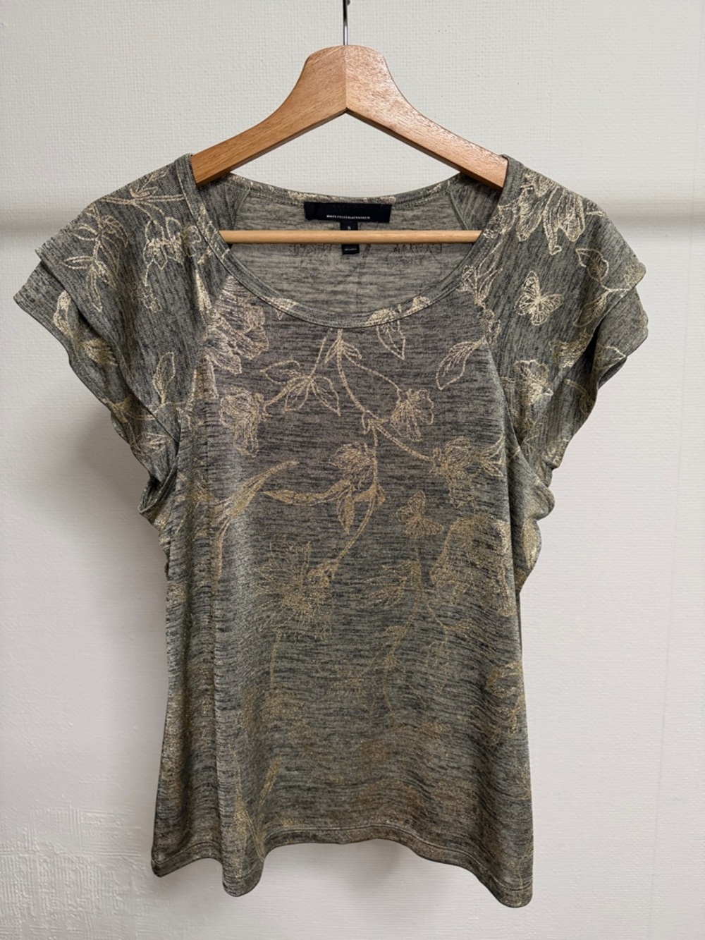 White House Black Market Gray Top with Metallic Gold Floral Print